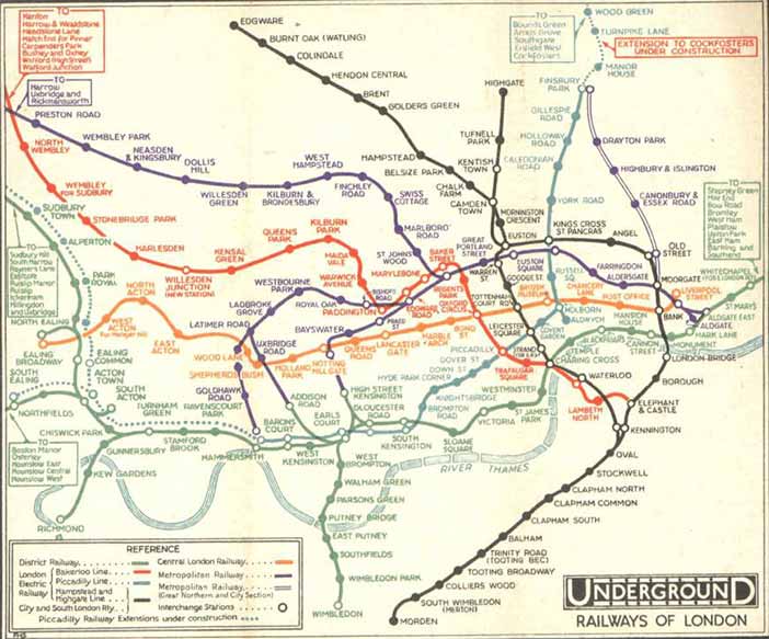 Map of the London Underground network, as it was printed before the design of Beck's diagram (1932)